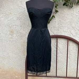 Vintage Laros 60s 70s Black Floral Lace Strapless Midi Slip Dress, Semi Sheer